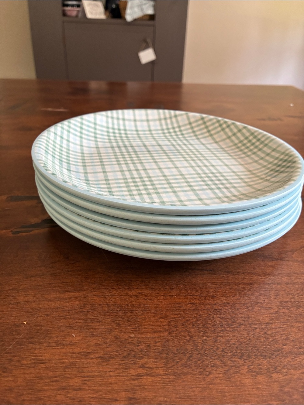 Set of six 8.5” Plaid Melamine Salad/lunch Plates Green/Blue - Hearth & Hand